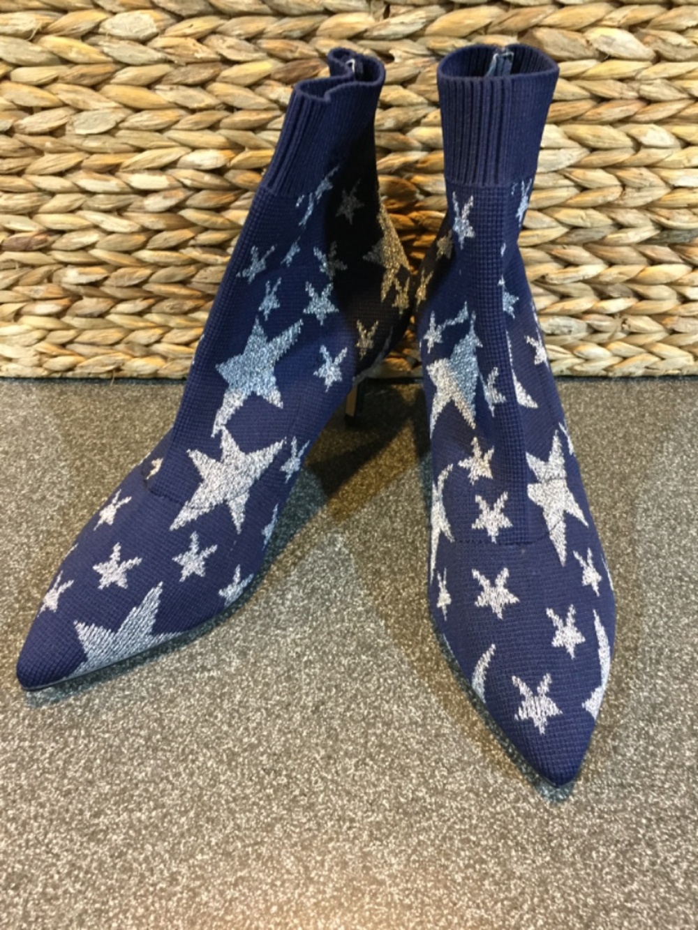 Neiman Marcus Navy Knit Star Sock Booties w/ Metallic Silver Stars